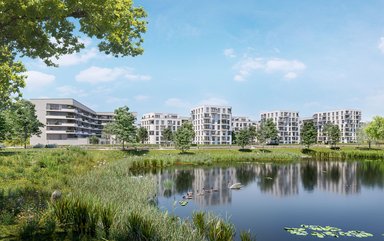 Das Wohnquartier PANDION ALBERTUSSEE umfasst 448 hochwertige Eigentumswohnungen in unmittelbarer Nähe zum namensgebenden Albertussee. - © PANDION