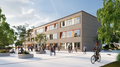 Visualisierung Außenansicht Schule in Holzmodulbauweise - © StructureLab Architekten / MOD21