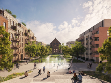 Blick von der Metzer Straße in das Quartier maxfrei. Rechts geförderte Mietwohnungen sowie Studentenwohnheim, links Eigentumswohnungen - © bloomimages/HAMBURG TEAM/Arrow