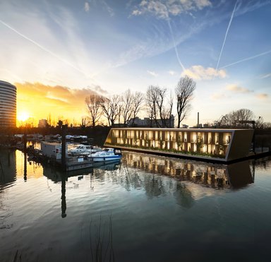 Visualisierung Gebäude in Holzmodulbauweise - Floating Homes - Neuer Wohn-/Arbeitsraum auf dem Wasser im Medienhafen. - © STRUCTURELAB Architekten