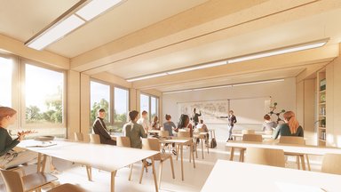 Visualisierung Innenansicht Schule in Holzmodulbauweise - © StructureLab Architekten / MOD21